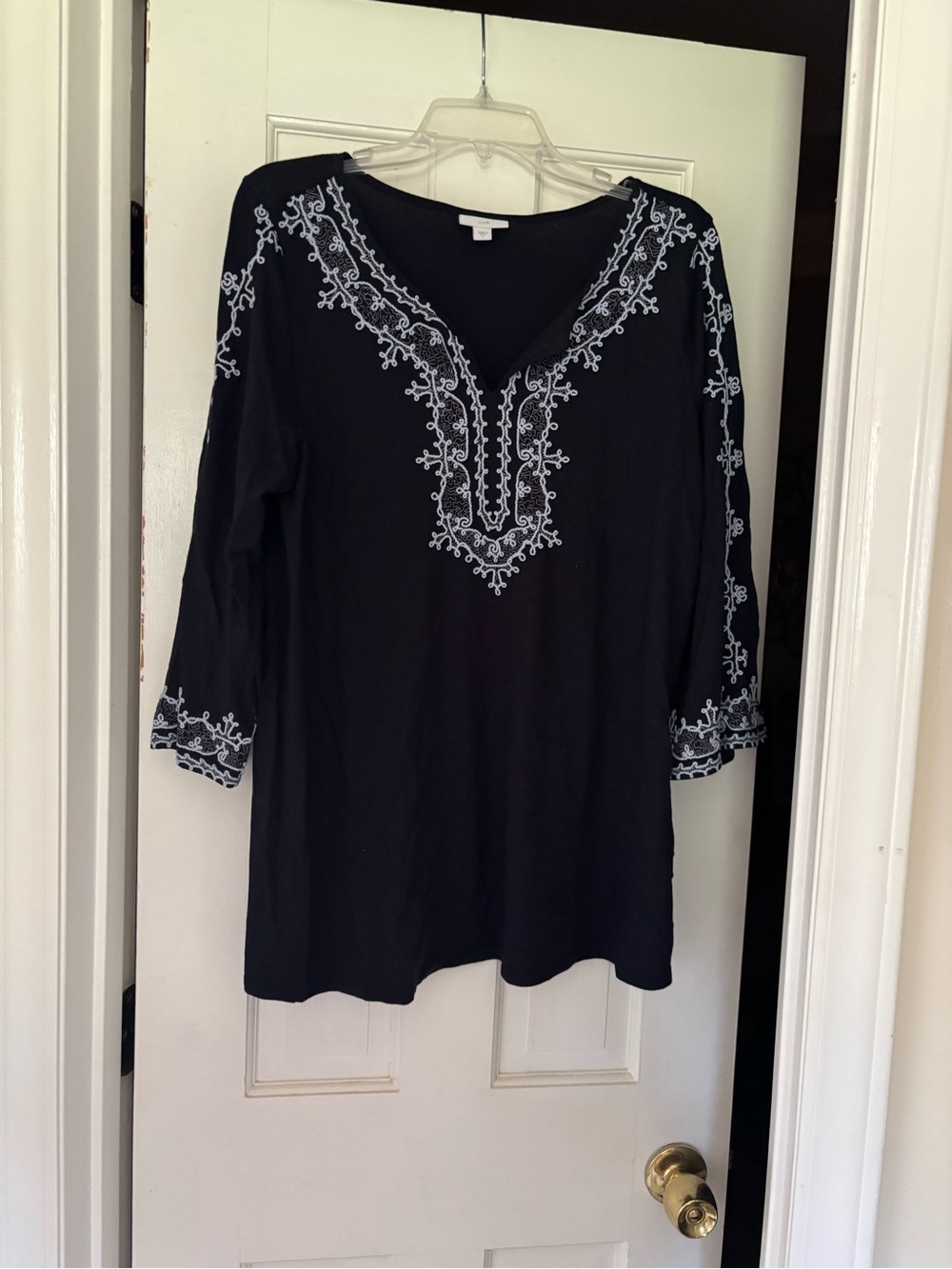 J. Jill Black Tunic with White Embroidered V-Neck